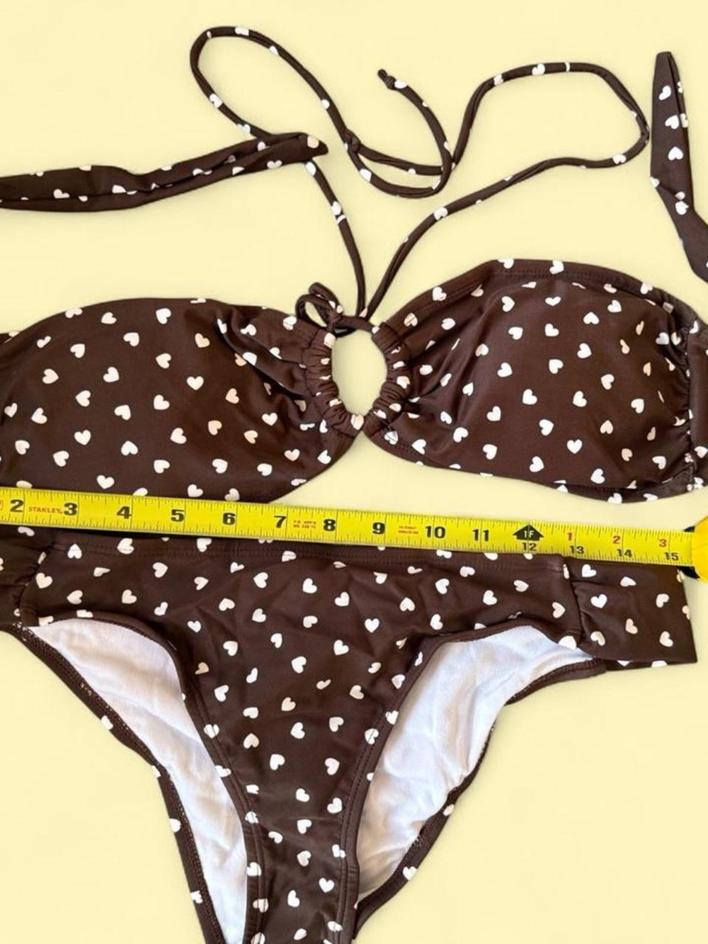 New Brown Heart Print Bikini Set - Strap Tie Top